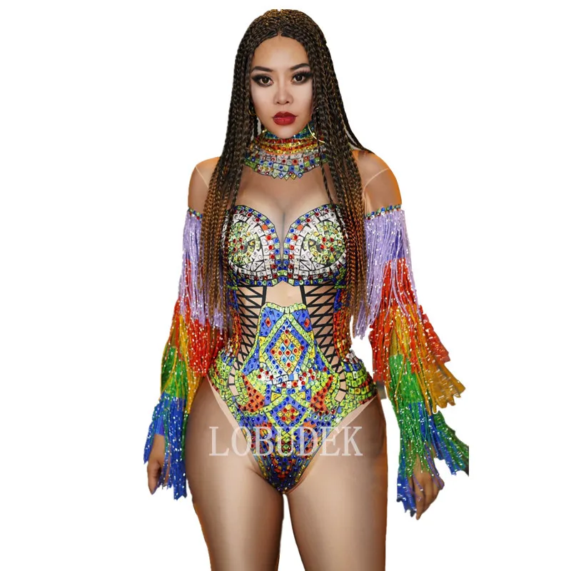 Colorful Rhinestones Tassel Sleeve Bodysuit Women DJ Singer Bar Sexy Dance Costume Club Party Dancer Crystals Fringe Leotard