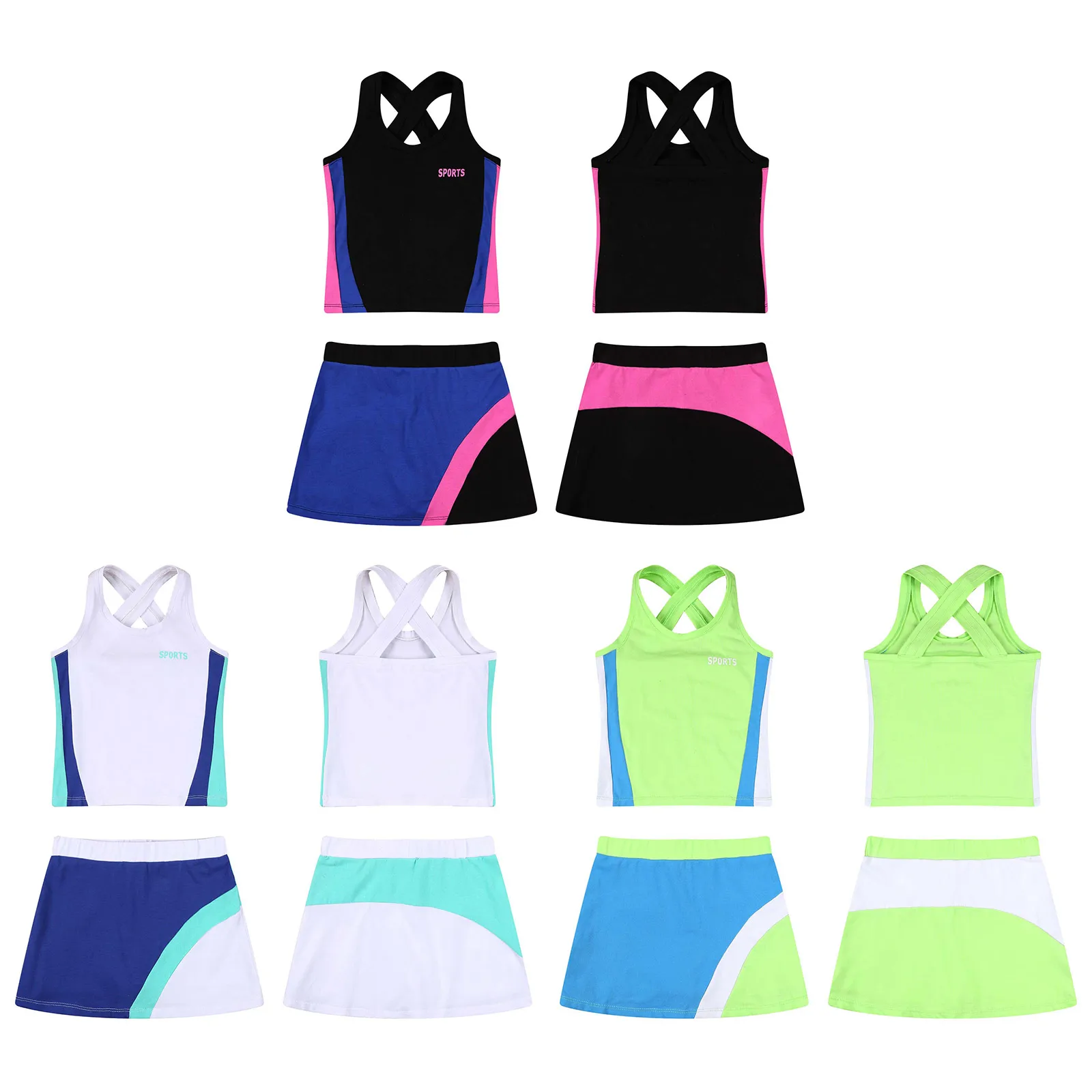 Kids Girls Golf Tennis Gym Dress Outfits Sleeveless Tank Tops Skirt Set with Built-in Shorts Tennis Sport Workout Set Costumes