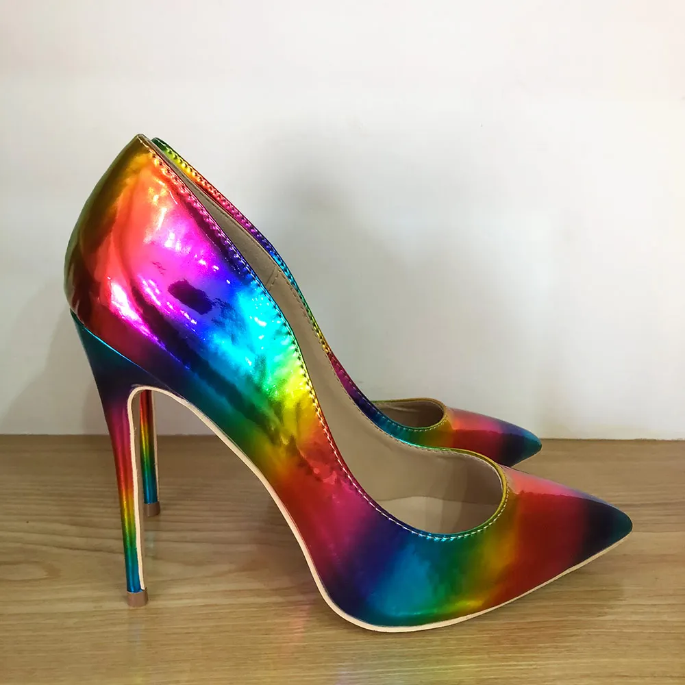 Veowalk Artsy Glossy Colorful Print Women Pointed Toe High Heels Ladies Slip On Stilettos Pumps Sexy Night Club Thin Heel Shoes