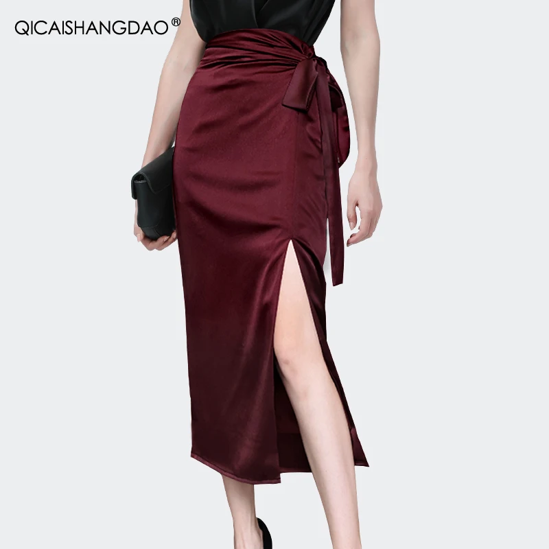 Fashion Wine Red Side Split Satin Pencil Skirt High Waist Belt Lace-Up Women Summer Skirt Elegant Sexy Ladies Office Party Skirt