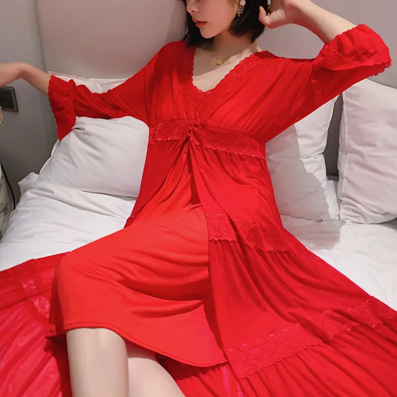 

Princess Court Style Spring Summer Women's Red Gauzy Suspender Seductive Nightgown Suits 2PCs White Concise Elegant Nightdress