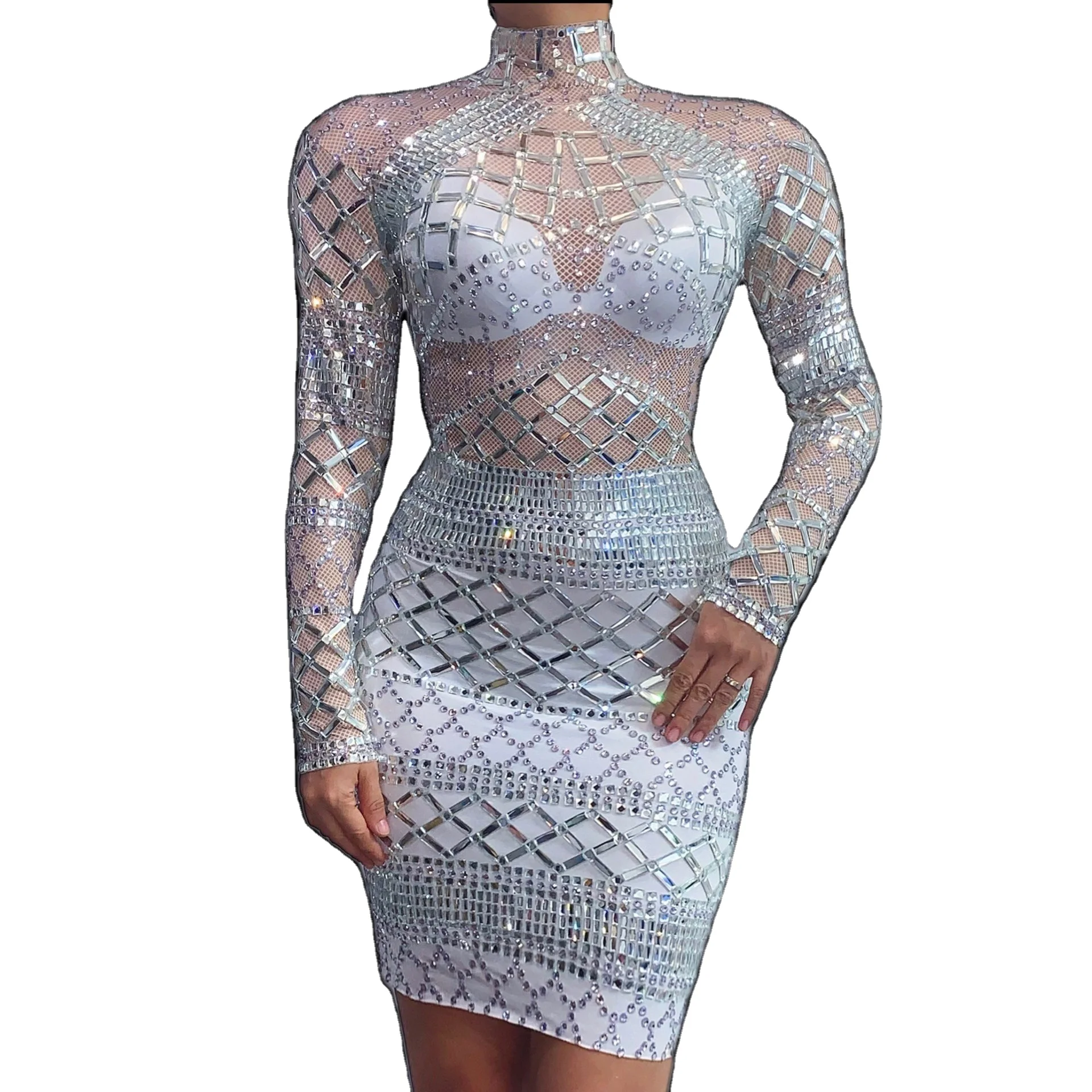 

Nightclub singer Rhinestone vestidos elegant see through dress night sexy Women Birthday Celebrate Dresses