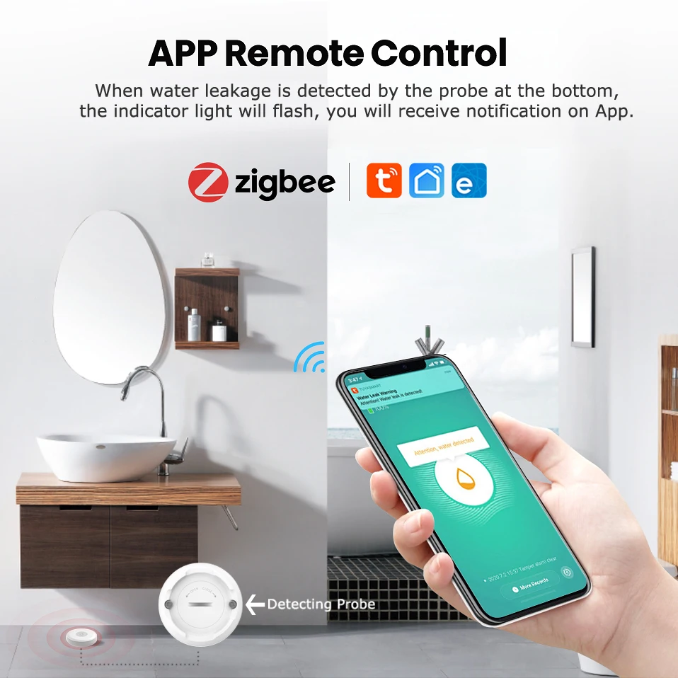 Sensor Detector de fugas de agua Tuya eWeLink Zigbee, funciona con Sonoff Zigbee Bridge, Tuya Hub, asistente de hogar a través de Zigbee2mqtt
