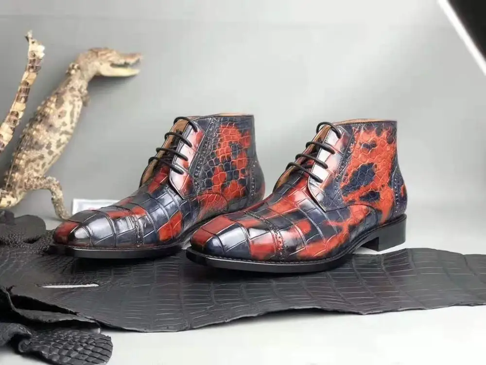 

100% Genuine crocodile skin leather men fashion shoe winter boots with cow skin lining camouflage coat red color 2019 newly design hot selling men winter shoe crocodile skin