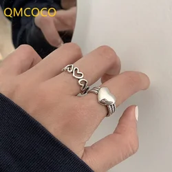 QMCOCO  Silver Color LOVE Heart Rings For Women Couples New Fashion Vintage Punk Hollow Out Geometric Party Jewelry Gifts