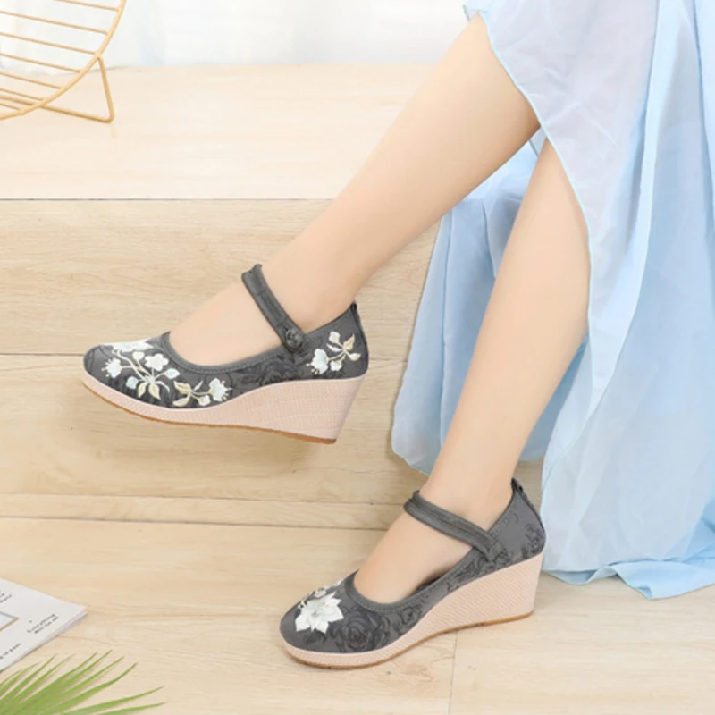 Floral Embroidered Women Spring Wedges Pumps Ladies Ethnic Canvas Mary Jane Dress Shoes Vintage Round Toe Espadrilles for Female