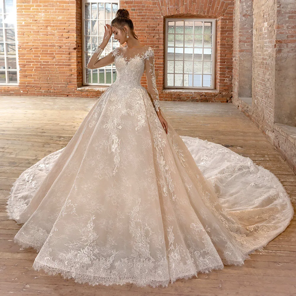 

Vestidos De Novia Long Sleeve Ball Gown Wedding Dress O-Neck Princess Robe Mariage Beading Appliques Abito Da Sposa Trouwjurk