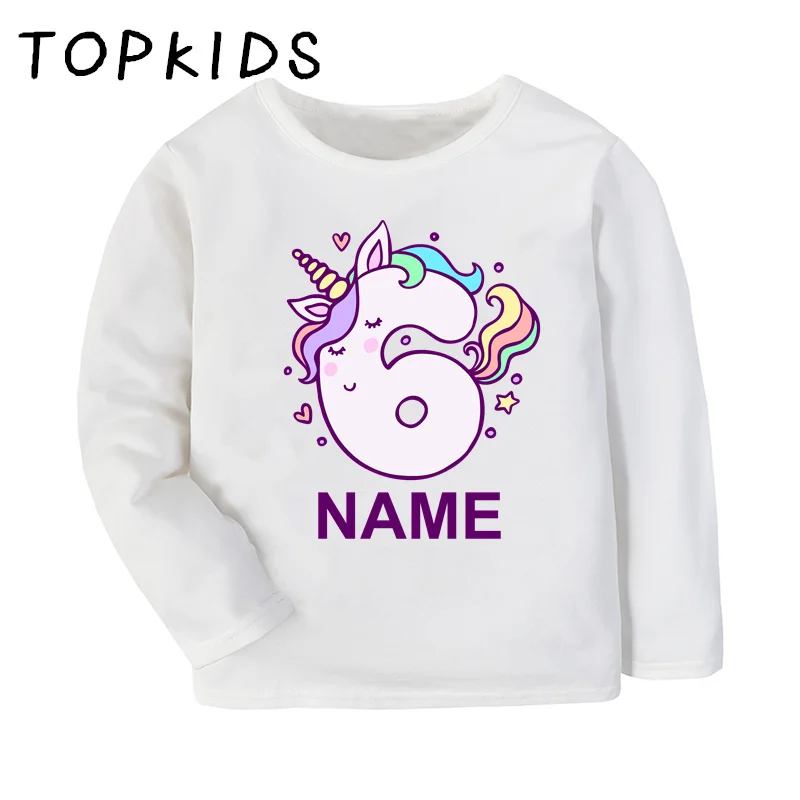 Customized Name Girls T shirt Unicorn 1 2 3 4 5 6 7 8 9 10 Years Birthday Kids Clothes Kawaii Baby Long Sleeve Children T-shirt