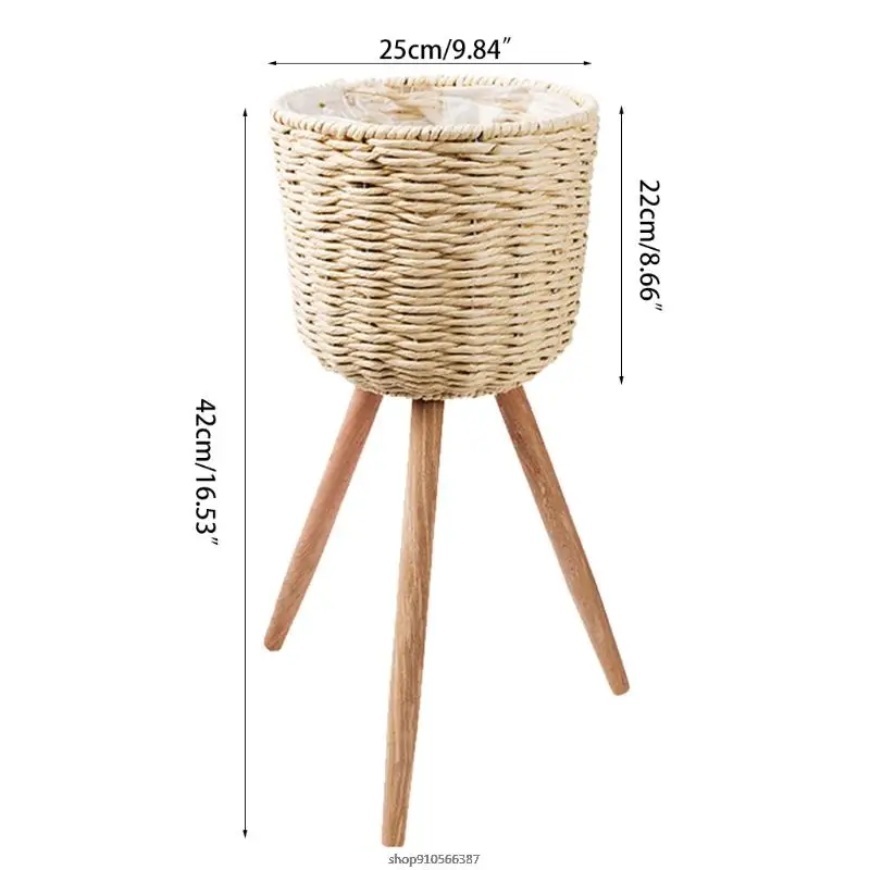 Nordic Floor Woven Round Storage Basket with Wooden Legs Plant Pot Stand Holder Flowerpot Planter 21 wholesales