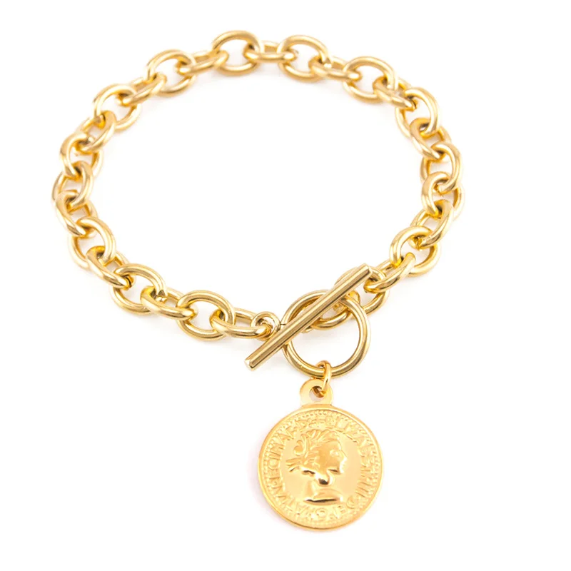 Women Bracelet Lucky Coin Charm Stainless Steel Toggle Clasps Gift Bangles