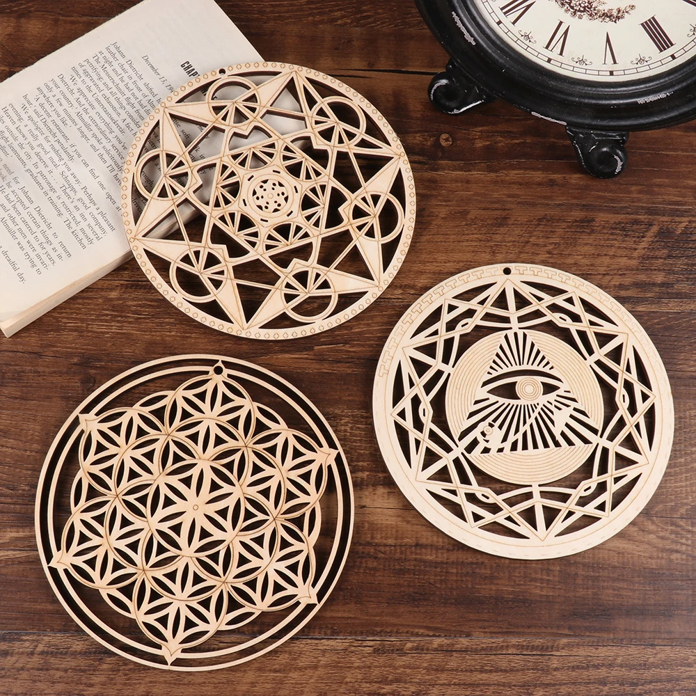 14cm Sacred Geometry Wall Art Wood Sign Crystal Grid Meditation Chakra Wooden Wall Art Hanging Ornaments Home Decoration Coaster