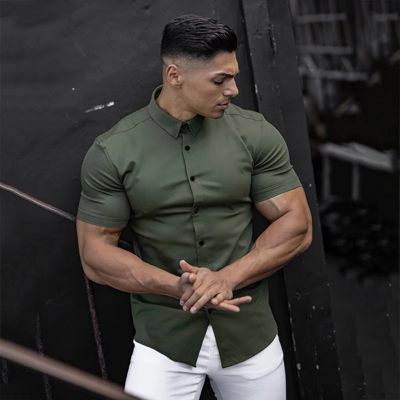 Men's Clothing Summer Gym Fitness Button Short Sleeve Shirts Men Fashion Casual Streetwear Dress Shirt Male Hipster Social Shirt