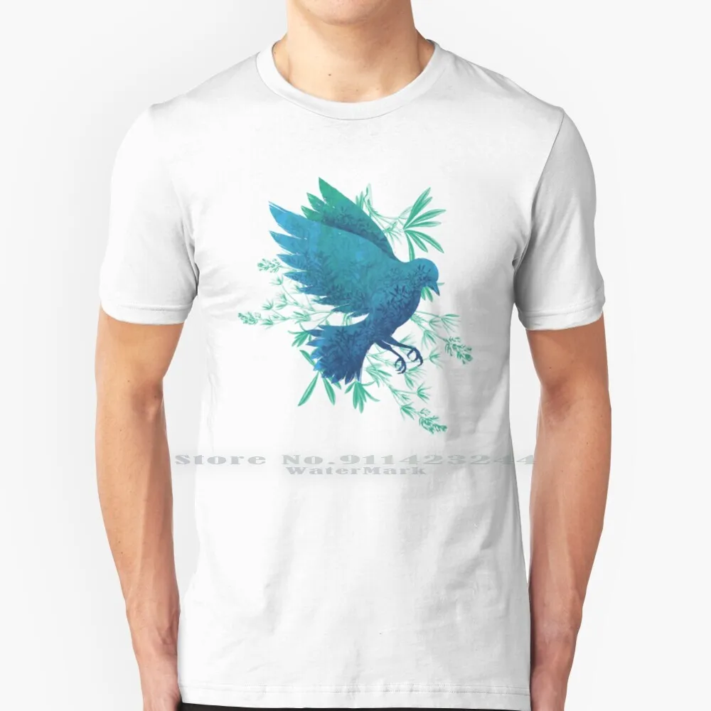 Birdy Bird 100% Cotton T Shirt Bird Nature Colorful Artsy Artistic Plants Leafs Blue Silhouette Tee Short Sleeve Long Sleeve