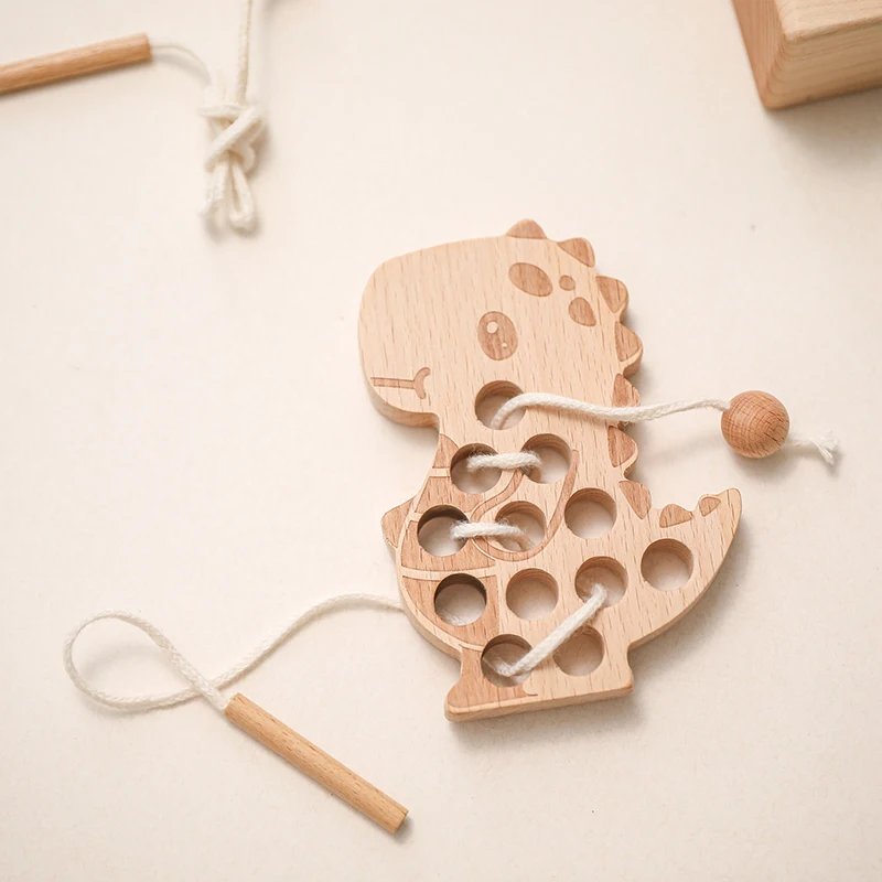 ไม้ของเล่น Rattle Montessori Threading Board การศึกษาของเล่นไม้บล็อกไดโนเสาร์ Threading Board ของเล่นสำหรับของขวัญเด็ก