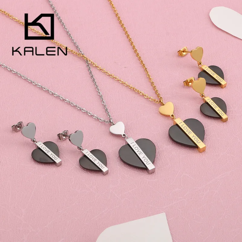 Kalen Romantic Heart Letter I Love You Chain Necklaces Drop Earrings Sets For Women Tri-color Stainless Steel Lady Jewelry Sets