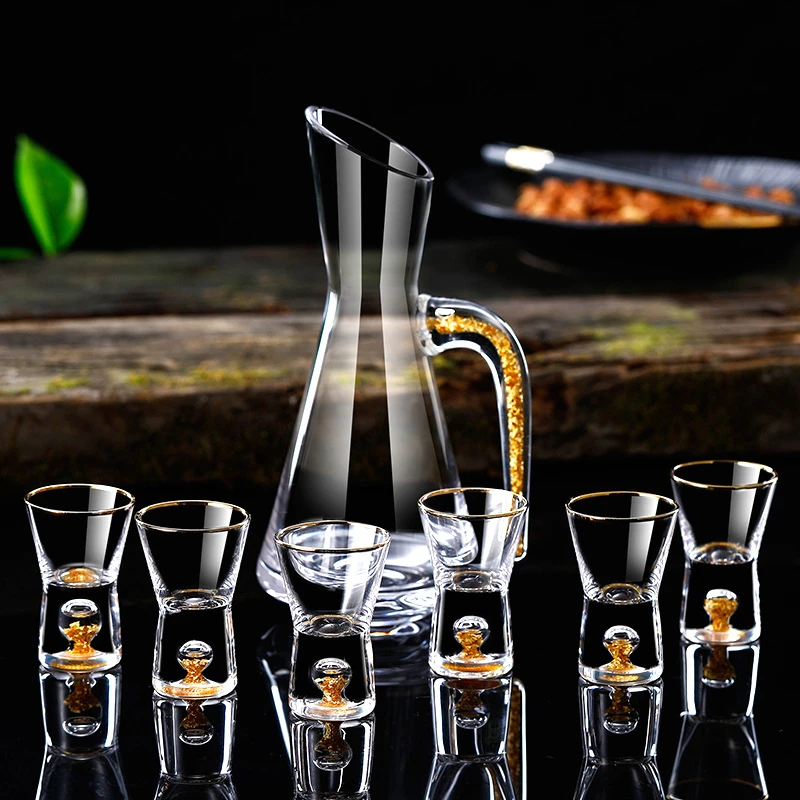 

Top Grade Manual Shot Glass Decanter Set Crystal Built In 24K Pure Gold Leaf Liquor Spirits WINE DECANT ER Cups Dispenser Kits