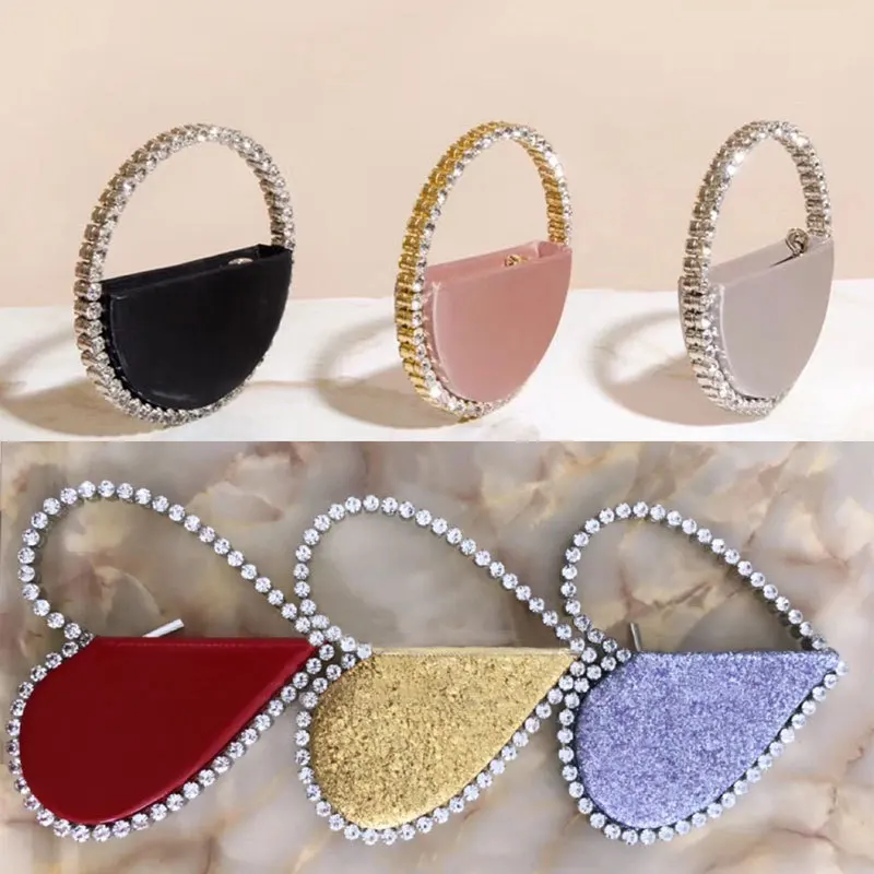 Bolso de noche Circular con diamantes de imitación para mujer, cartera de mano con asa redonda, media luna, 2020