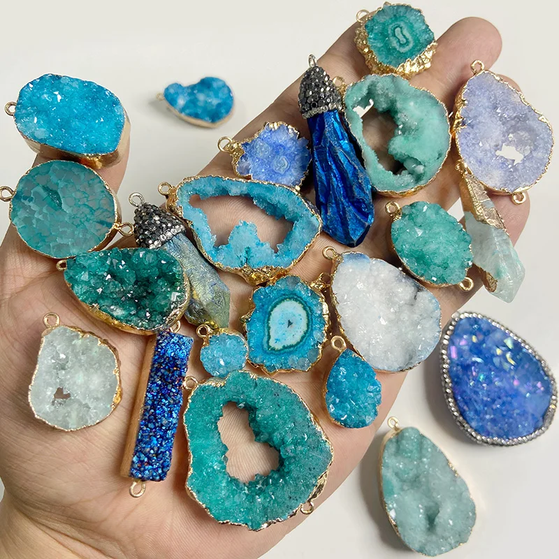 1PC Natural Blue Druzy Stone Pendant Connecter Metal Mineral Specimen Crystal Agates Slice Pendant Charm Geode Rough For Jewelry