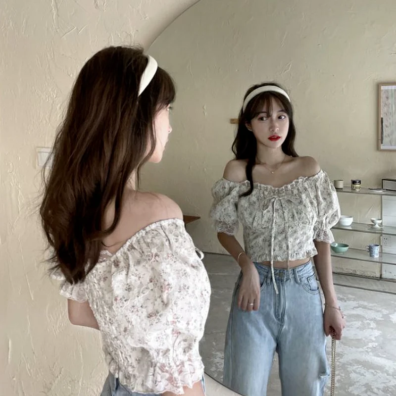 Vintage Blouses Women Ruffles Design Butterfly Sleeve V-neck Sexy Cropped Tops All-match Harajuku Streetwear Japanese Style Chic