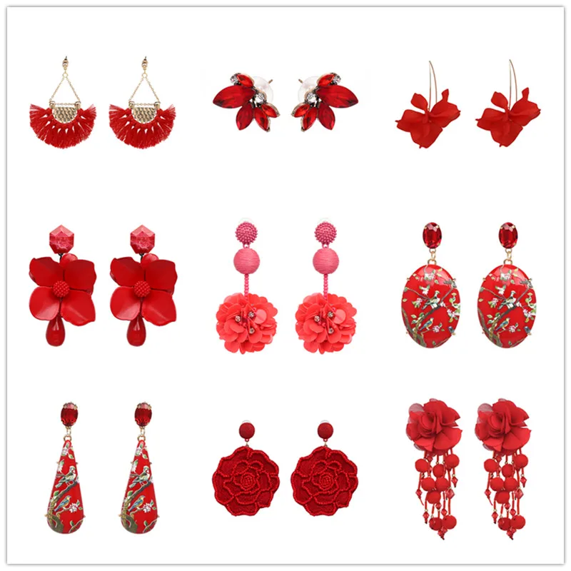 JURAN 32 Designs Red Bohemian Handmade Tassel Earrings For Women Female Crystal Dangle Earring Brincos Statement Fashion Jewelry