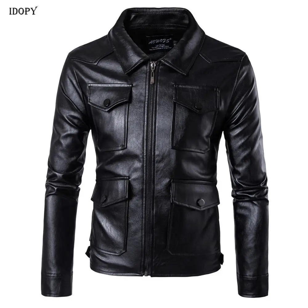 Idopy Autumn Winter Men's Faux Leather Jackets Coats Multi Pockets Motorcycle Jacket and Coat For Male Plus Size M-5XL