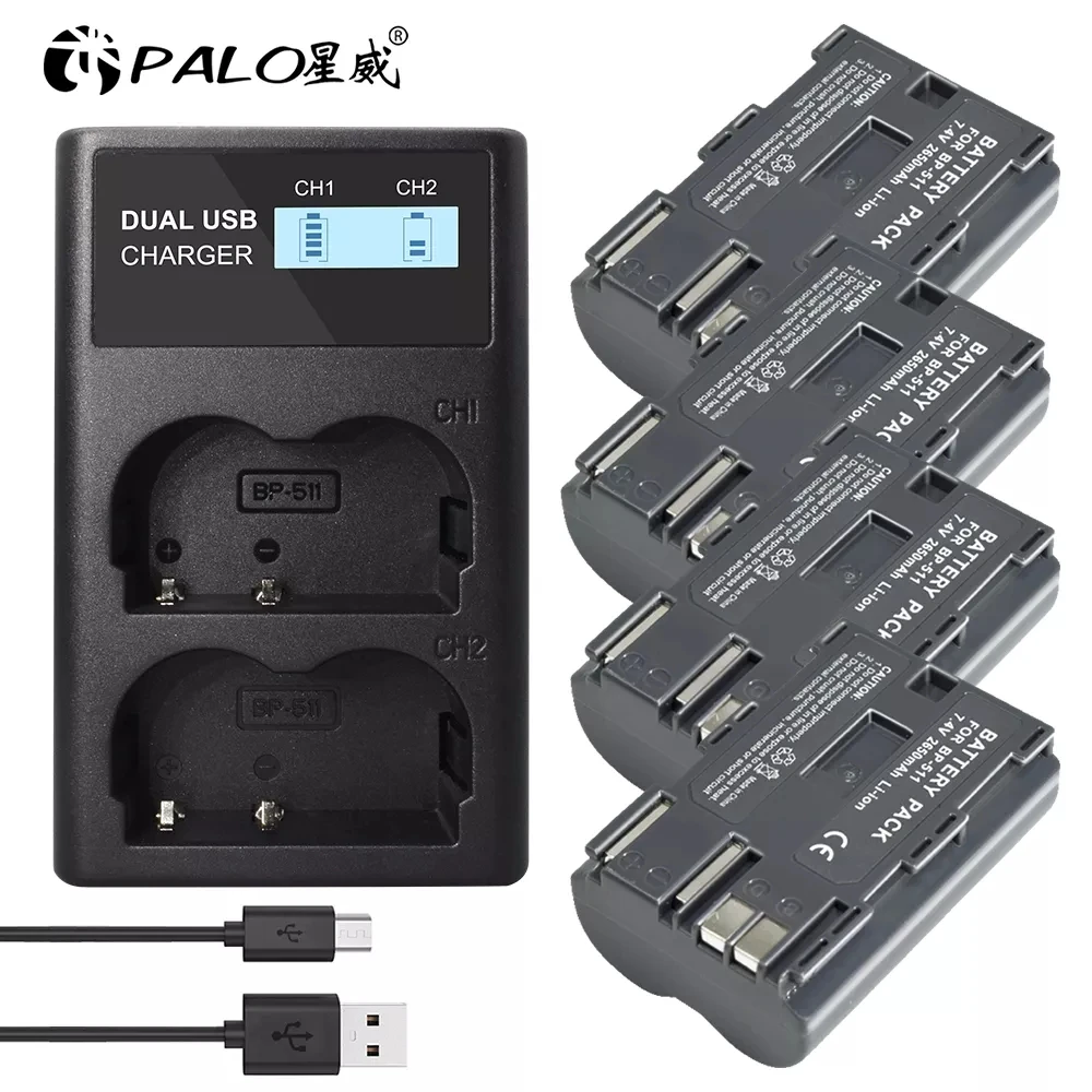 PALO BP-511-B 7.4v 2650mah BP-511 BP 511 511 BP511 BP511A Battery + LCD USB Charger For Canon Camera EOS 40D 300D 5D 20D 30D 50D