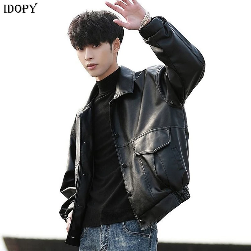 Idopy Men`s MA-1 Faux Leather Jacket Flight Bomber Jackets And Coat Loose Fit Motorcycle PU Leather Outerwear