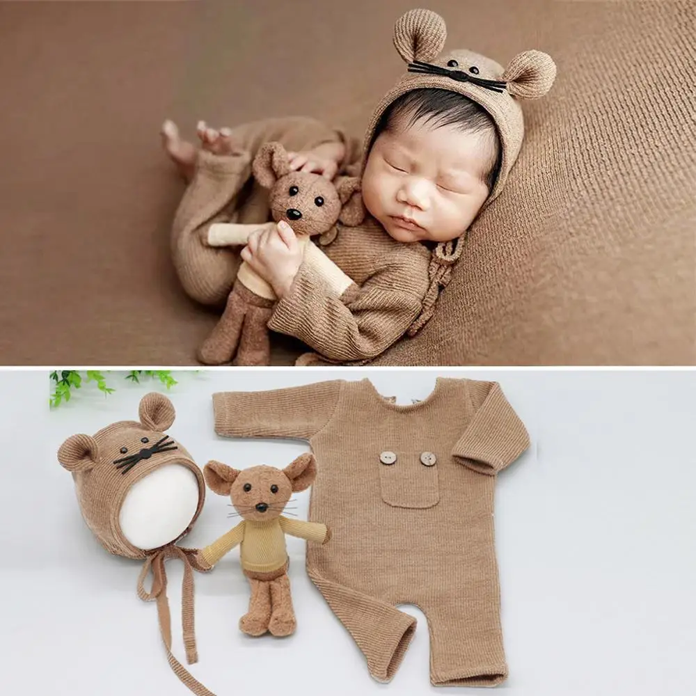 3 Pcs/set Newborn Photography Props Suit Knitted Cotton Jumpsuit Hat Mouse Doll Infant Photo Shooting Clothes Outfits