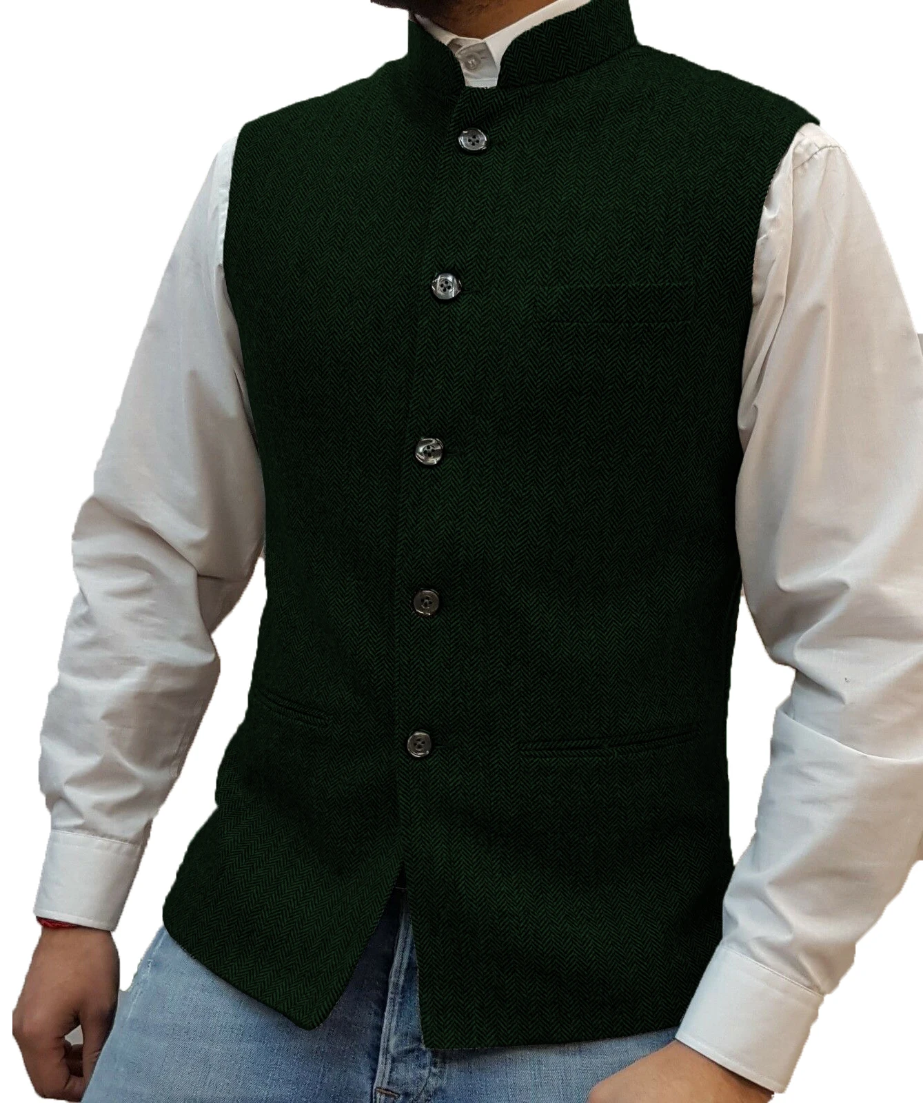 Stile cinese colletto alla coreana formale gilet in Tweed/gilet in lana a spina di pesce di alta qualità taglia abbigliamento da sposo Business