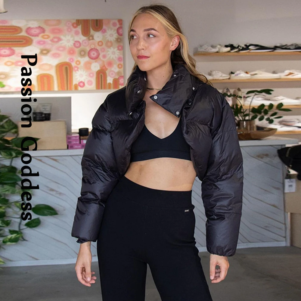 Cute Women Autumn Crop Puffer Jacket Long Slevee Cropped Bubble Coats Outwear Parkas Down Stand Collar Short Jacket Streetwear