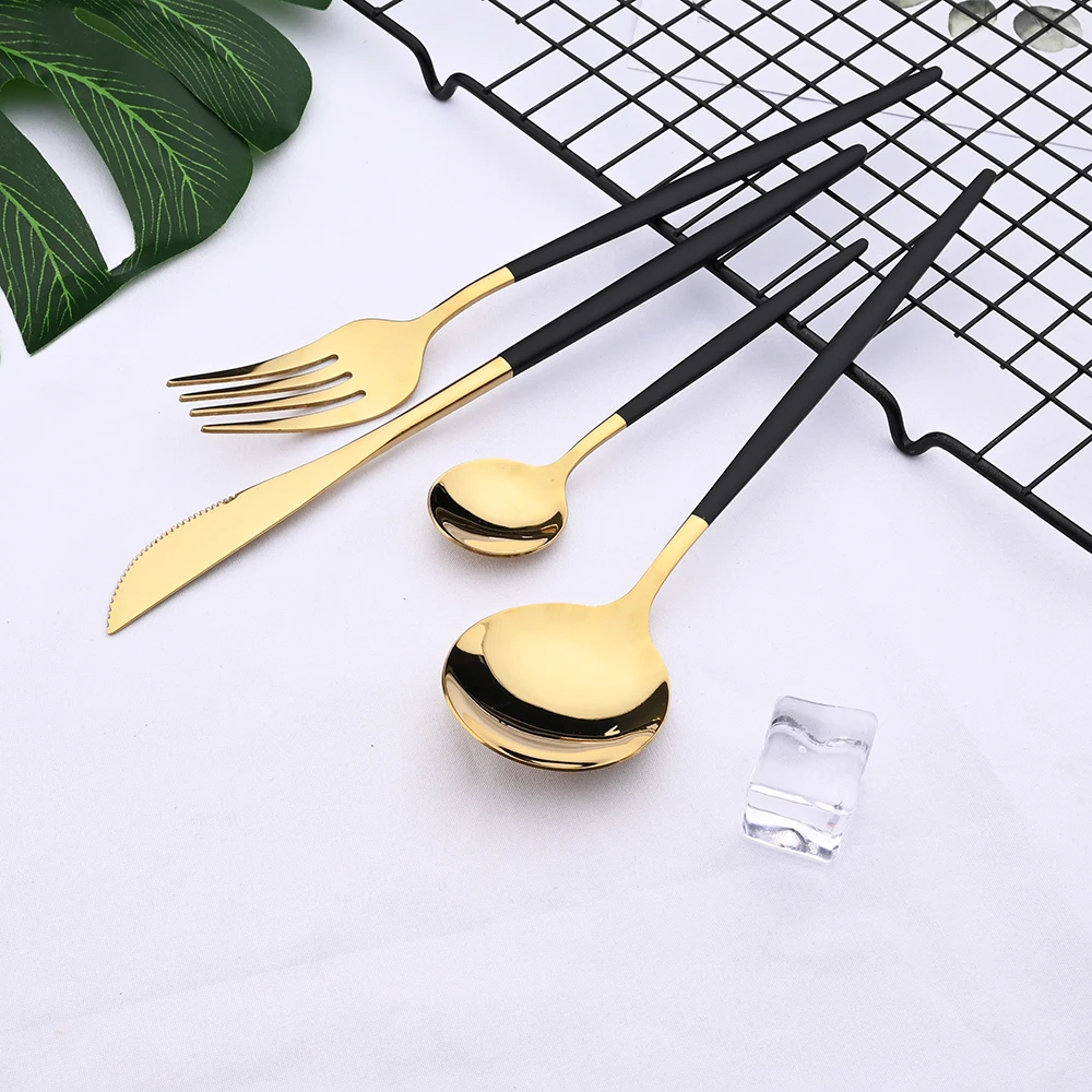 24pcs Black Gold Dinnerware Set Stainless Steel Cutlery Set Kitchen Fork Knife Spoon Tableware Set Flatware Set Silverware Set