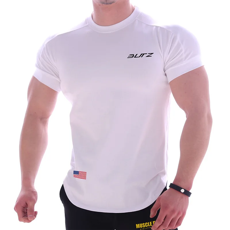 Men Tshirt Patchwork Curved Hem Quick Dry Shirt Gym Fitness Workout Bodybuilding Muscle T Shirts