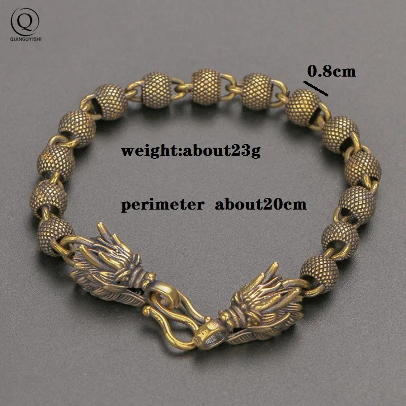 Vintage Brass Dragon Head Bracelet Punk Hip-Hop Jewelry Grind Arenaceous Bead Hand Chain Bangles Wristband for Men Women Trendy