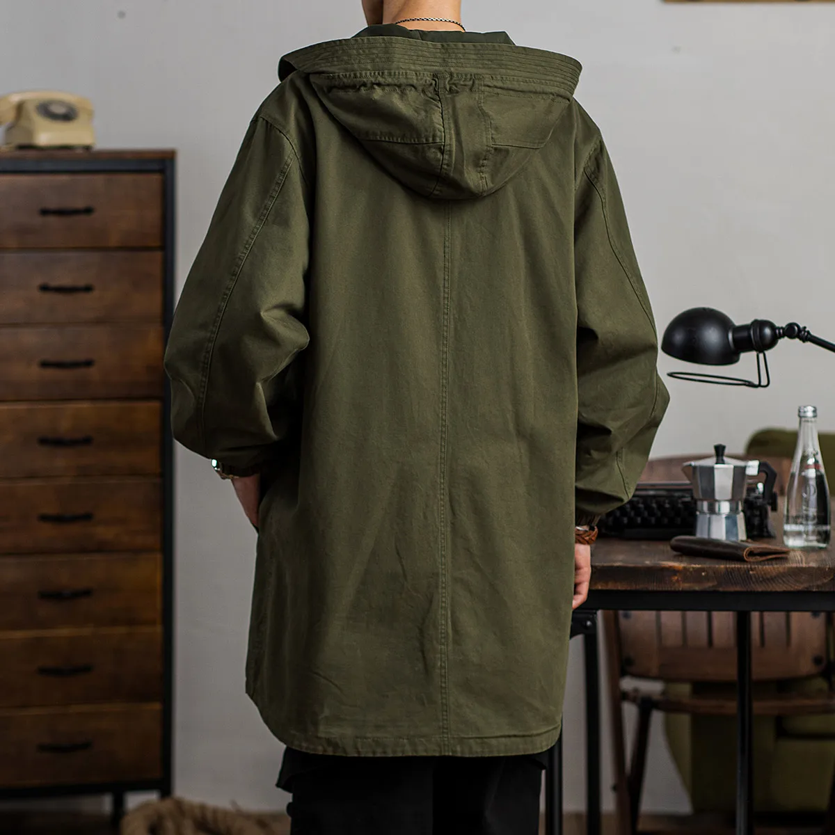 Men's Military Tactical Hooded Trench Coat Zipper Mid-length Casual Windbreaker for Autumn and Spring Vintage Clothes Parka