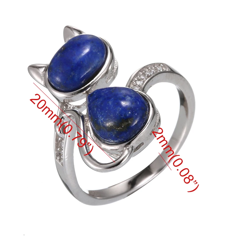 AMORUI Lapis Lazuli Natural Stone Women Rings 925 Sterling Silver Cute/Romantic Cat Zircon Rings Party/Weeding/Birthday Jewelry
