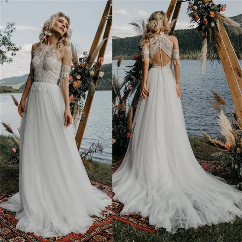 Hanging Neck Lace Bohemian Wedding Dresses with Tassel 2021 Vintage Crochet Lace Beach Countryside Fairy Skirt Bride Dress