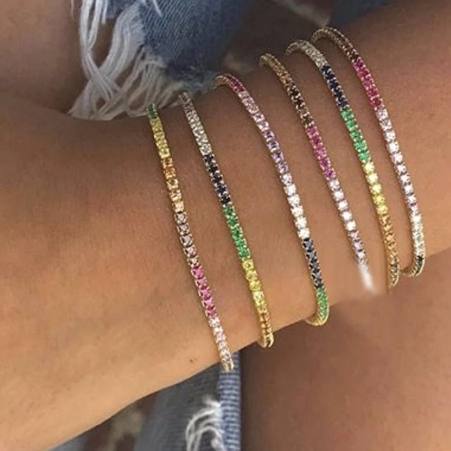New Shiny Cz Fine Bracelet Rainbow Colorful Square Cz Tennis Chain Gorgeous Trendy Full Cubic Zirconia Bangle Fashion Jewelry