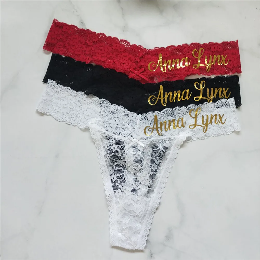 New Personalized Sexy Lace Thong Custom Name Underwear for Women Gold Printed Ladies Panties Female Lace Lingerie Party Gifts