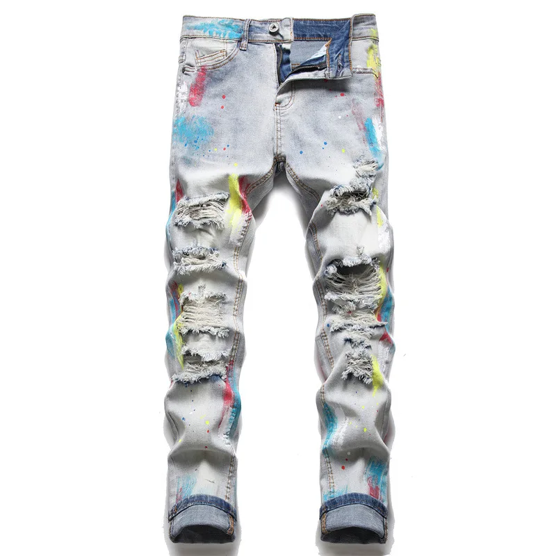 

New 2021 Autumn Men's Small Straight Retro Blue Men's Self-Cultivation Micro-Elastic Ripped Paint Jeans Trendy Fashion Trousers