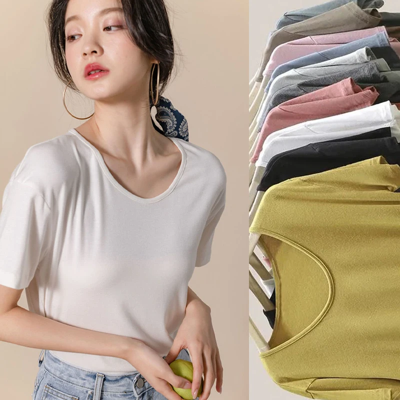 Modal Cotton Ice Silk Short Sleeve Tees Thin Cool Loose Women\'s Shirts For Summer 2023 Solid Basic White Low Collar