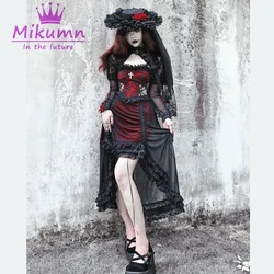 Gothic Black Red Lace Drawstring Asymmetric Spaghetti Strap Dress Lace-Up Fly Sleeve Halloween Cosplay Party Dress