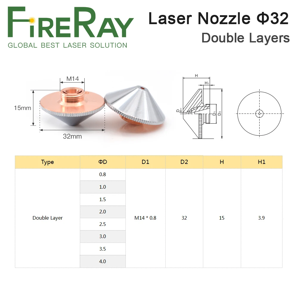 FireRay-boquilla láser de doble capa, diámetro de 32mm, calibre 0,8-5,0, rosca M14 para cabezal de corte láser de fibra