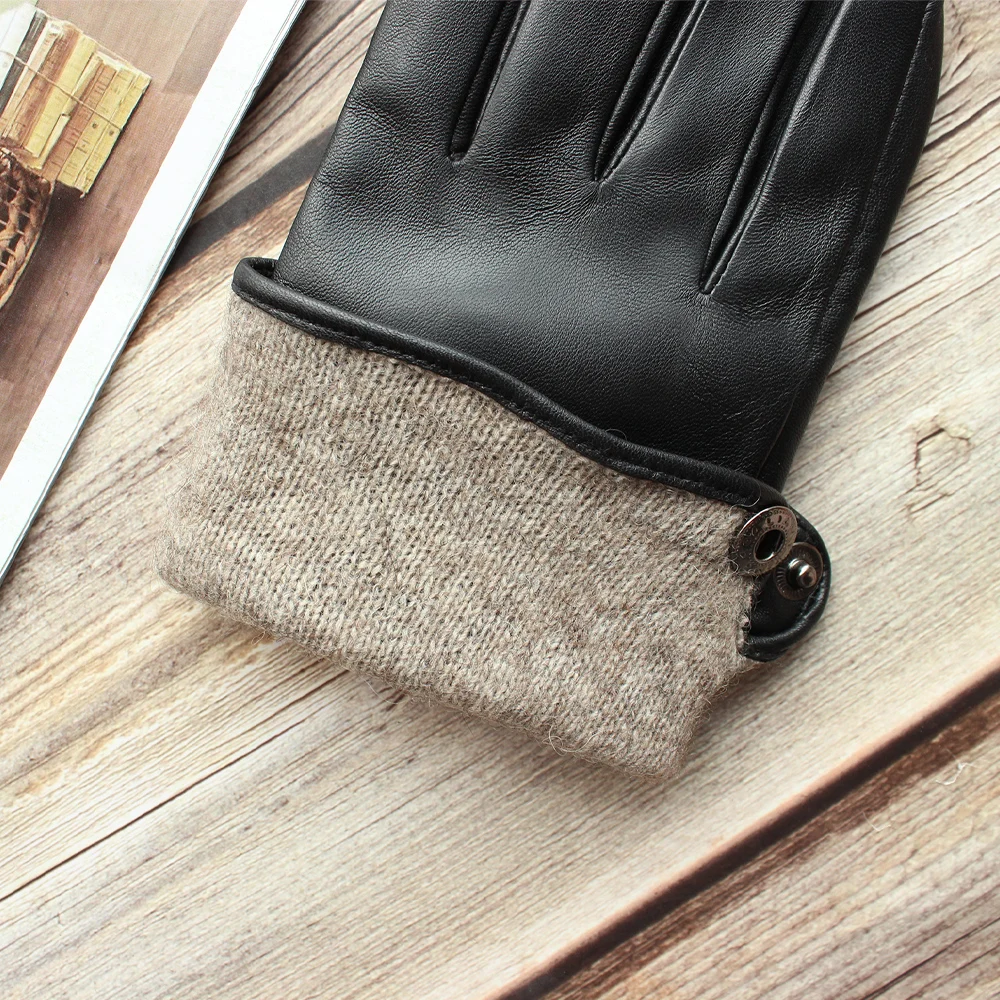 New men\'s imported sheepskin gloves button classic fashion leather gloves long fingers with wool knitted lining gloves