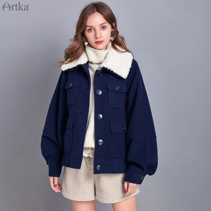 ARTKA – manteau en laine pour femme, veste épaisse, boutonnage simple, avec poche détachable, col en fourrure d'agneau, vêtements d'extérieur, nouvelle collection hiver 2019, WA10193Q