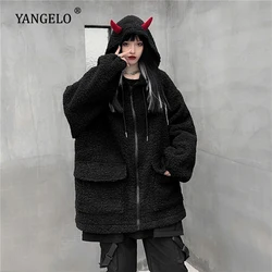 Yangelo Gothic Little Devil Cotton Hooded Jacket Women Winter New 2020 Warm Chain Coat Female Harajuku Black Oversized Tops