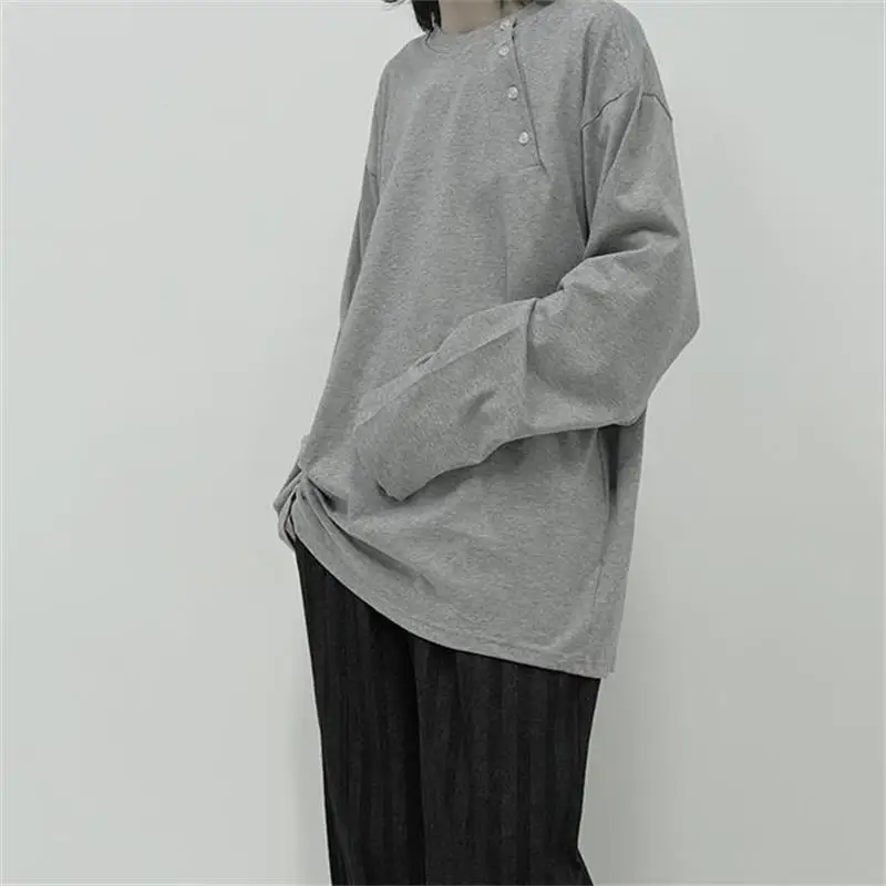 Men's Long Sleeve T-Shirt Spring And Autumn New Oblique Button Simple Lovers With Casual Loose Large Size T-Shirt