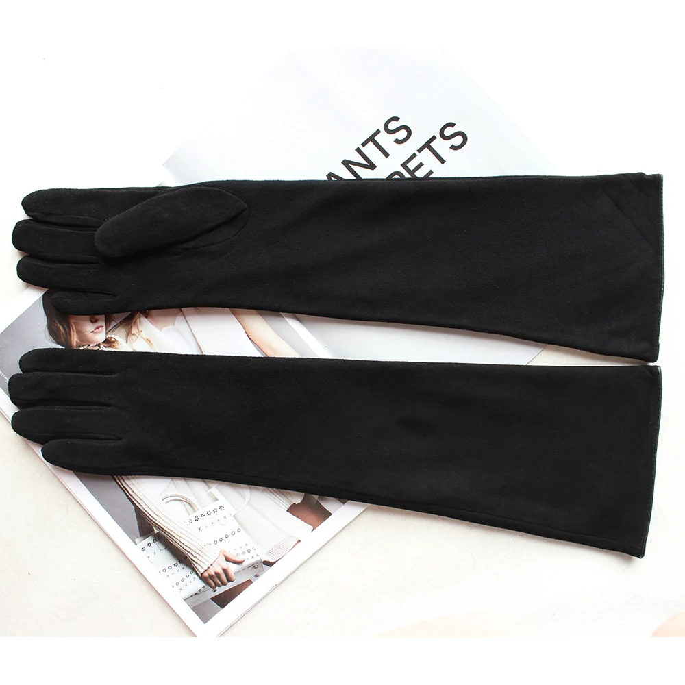 New Women\'s Long Suede Leather Gloves Black Straight Velvet Lining Outdoor Cold And Warm Leather Gloves