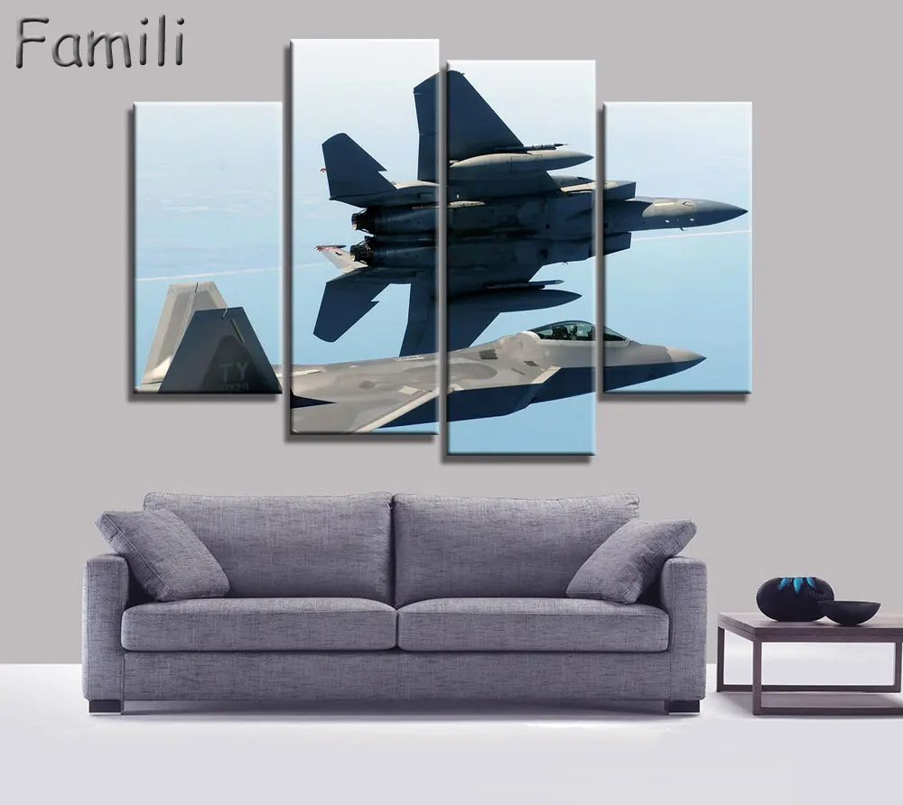 

4Picture Modern Printed Fighter Aircraft Canvas Painting Combat Aircraft Wall Picture Art For Living Room Unframed