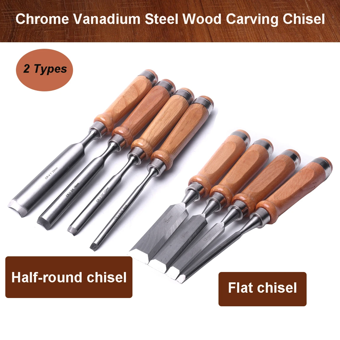 Durable Chrome Vanadium Steel Wood Chisel Carpenters Carving Chisel DIY Flat/Half-round Woodworking Chisels 6/8/12/18/19/25MM