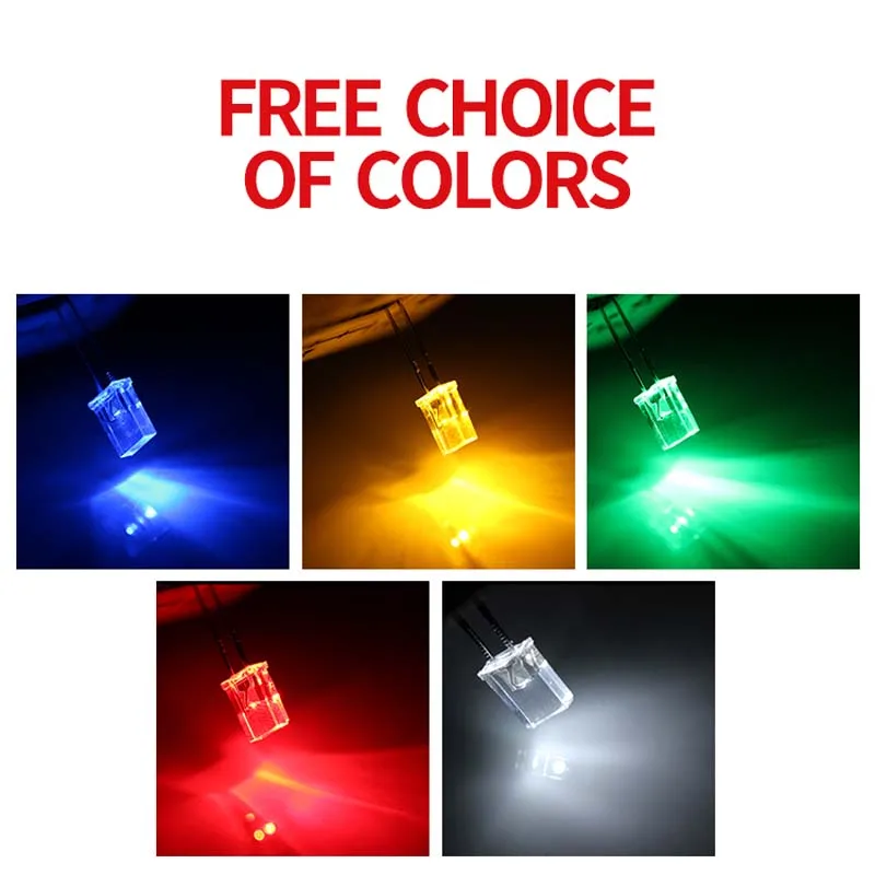 

100 шт. квадратных прозрачных светодиодов 2x5x7 мм с длинными выводами, красные, синие, желтые, зеленые.